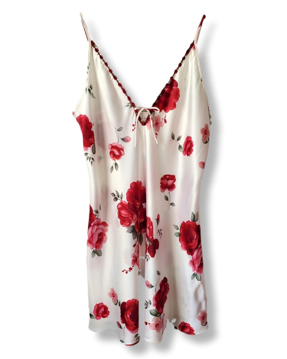 VTG 2000s White Red Floral Satin Slip Mini Dress Chemise M Retro Romantic Chic